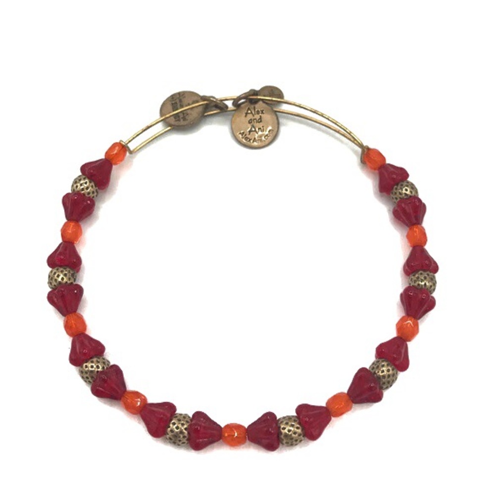 Alex and Ani Mosaic Hyacinth Red & Orange Beaded Gold Tone Bangle Bracelet